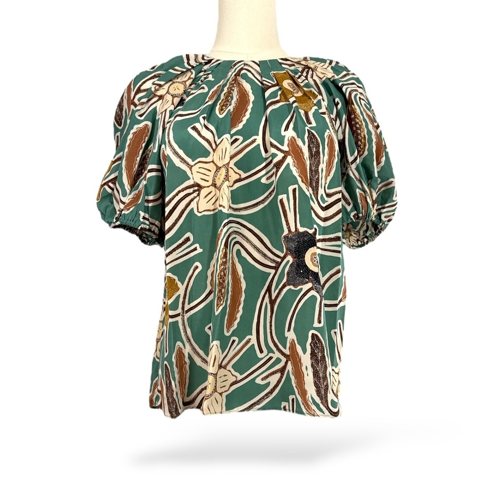 Ulla Johnson Jamilah Puff Short Sleeve Silk Blouse Topaz-Navy-Tan Sz 2 EUC